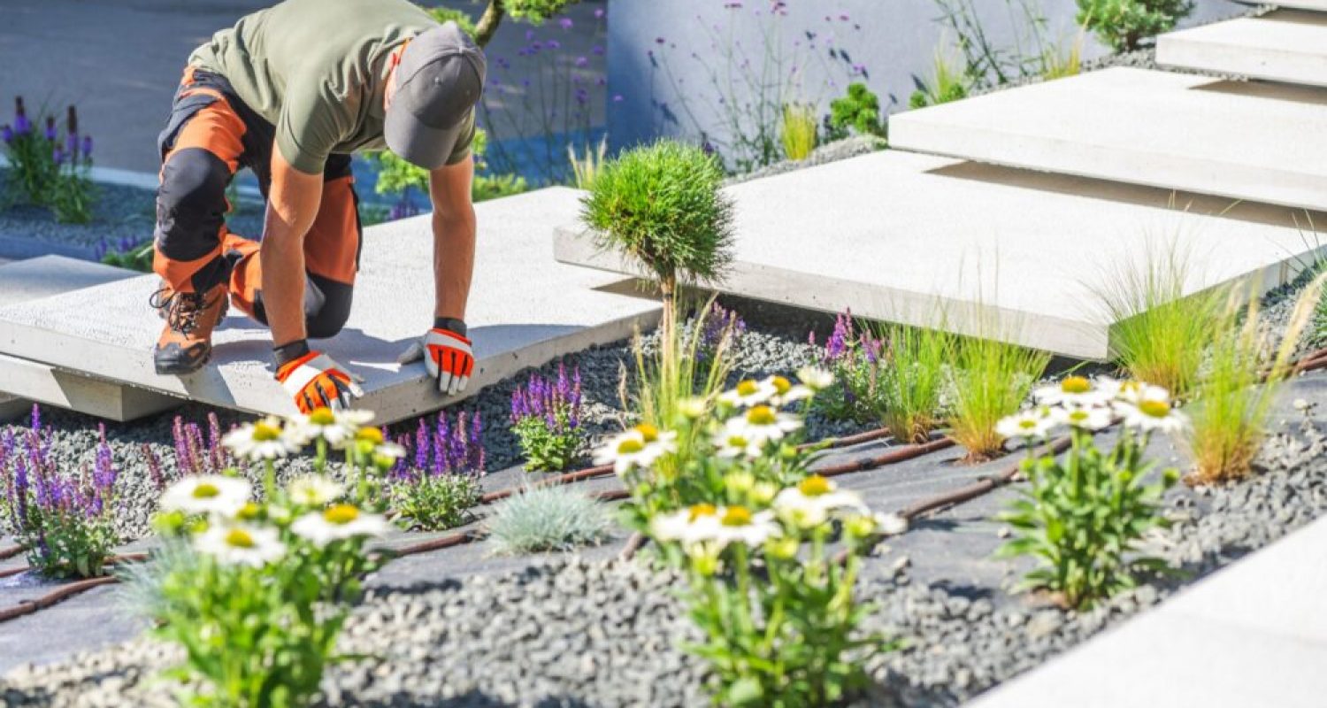 Gardener Planting Flowers in a Modern Landscape Design on a Sunny Day With Stone Pathways